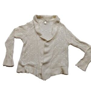 Ann Taylor Loft Cardigan Sweater Womens Med Off White Open Front Crochet Knitted